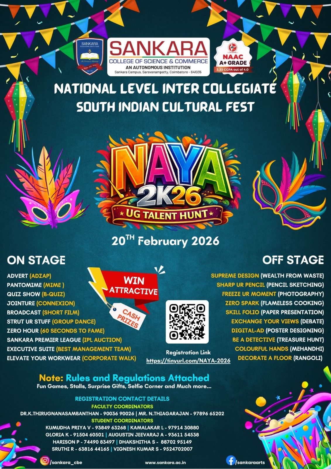NAYA 2026 National Level Inter Collegiate South Indian Cultural Fest Poster 